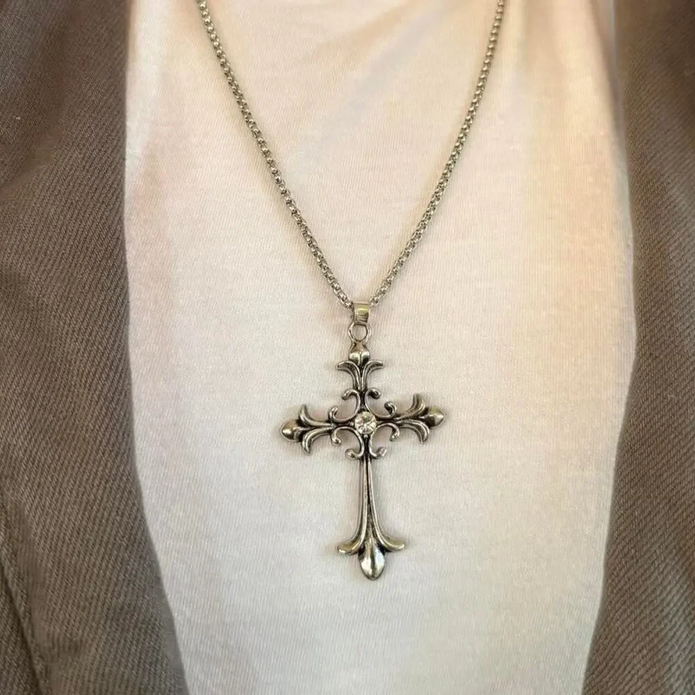 Silver Gothic Cross Pendant Necklace Unisex Stainless Steel Jewelry New